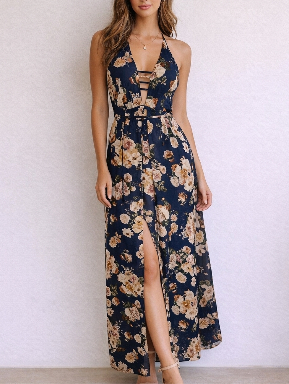 MIND CODE Floral Chiffon Halter Lace-up  Romper Maxi Dress